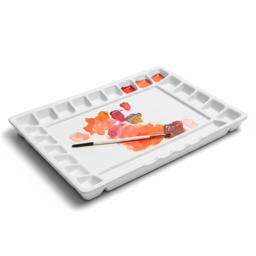 21 Wells Ceramic Color Tray Palette 12" x 15 3/4" - 1 Large Mixing Area and 4 Inclined Brush Holders