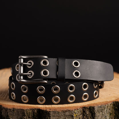 The Brixton Belt - Black Double Grommet 100 % Full Grain Leather Belt