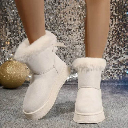 Bottes de neige d'hiver avec nœud papillon, à la mode, bout rond, plat, épaissies, en daim, coton pour femmes, chaudes, pelucheuses, courtes