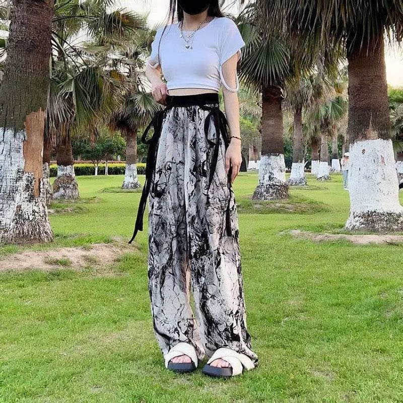New Painting Ice Silk Wide-leg Baggy Trouser Pants Summer Women