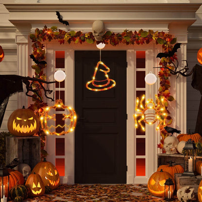 Lot de 3 lumières d'Halloween pour fenêtre, araignée, chapeau de sorcière, citrouille, avec lumière orange, décoration d'Halloween à suspendre avec ventouse et trous de suspension.