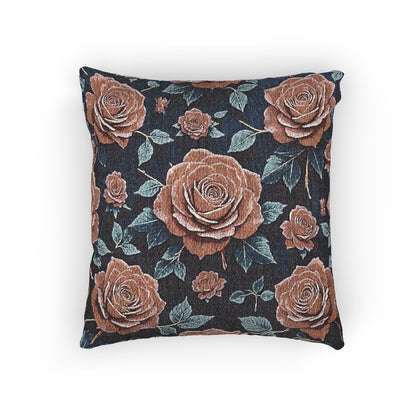 Vintage Rose Woven Pillow | Floral Needlepoint Style, Navy Background
