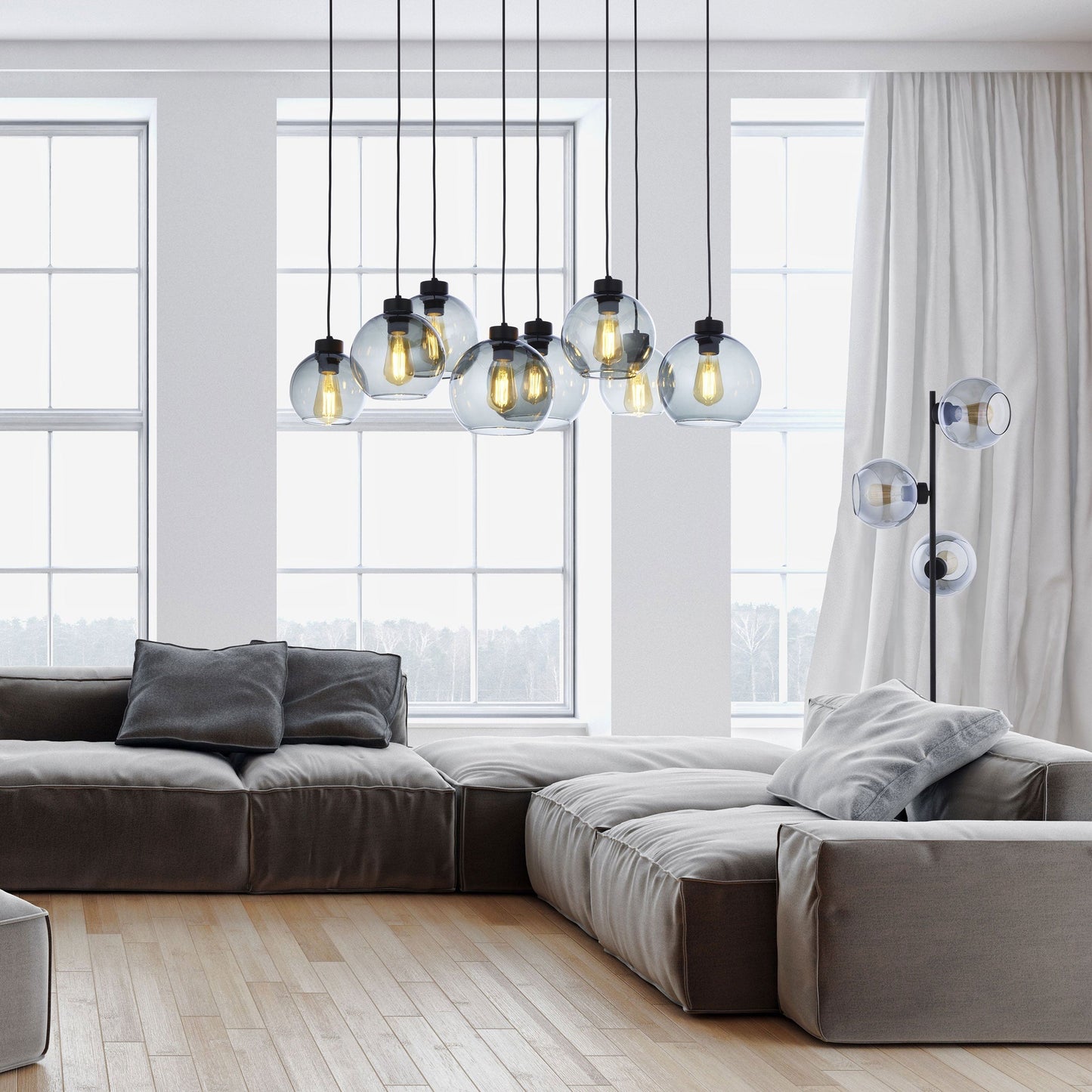 CUBUS Graphite Glass Scandinavian Pendant Light Fixture for Kitchen Island, Dining Room & Living Room (8-Light)