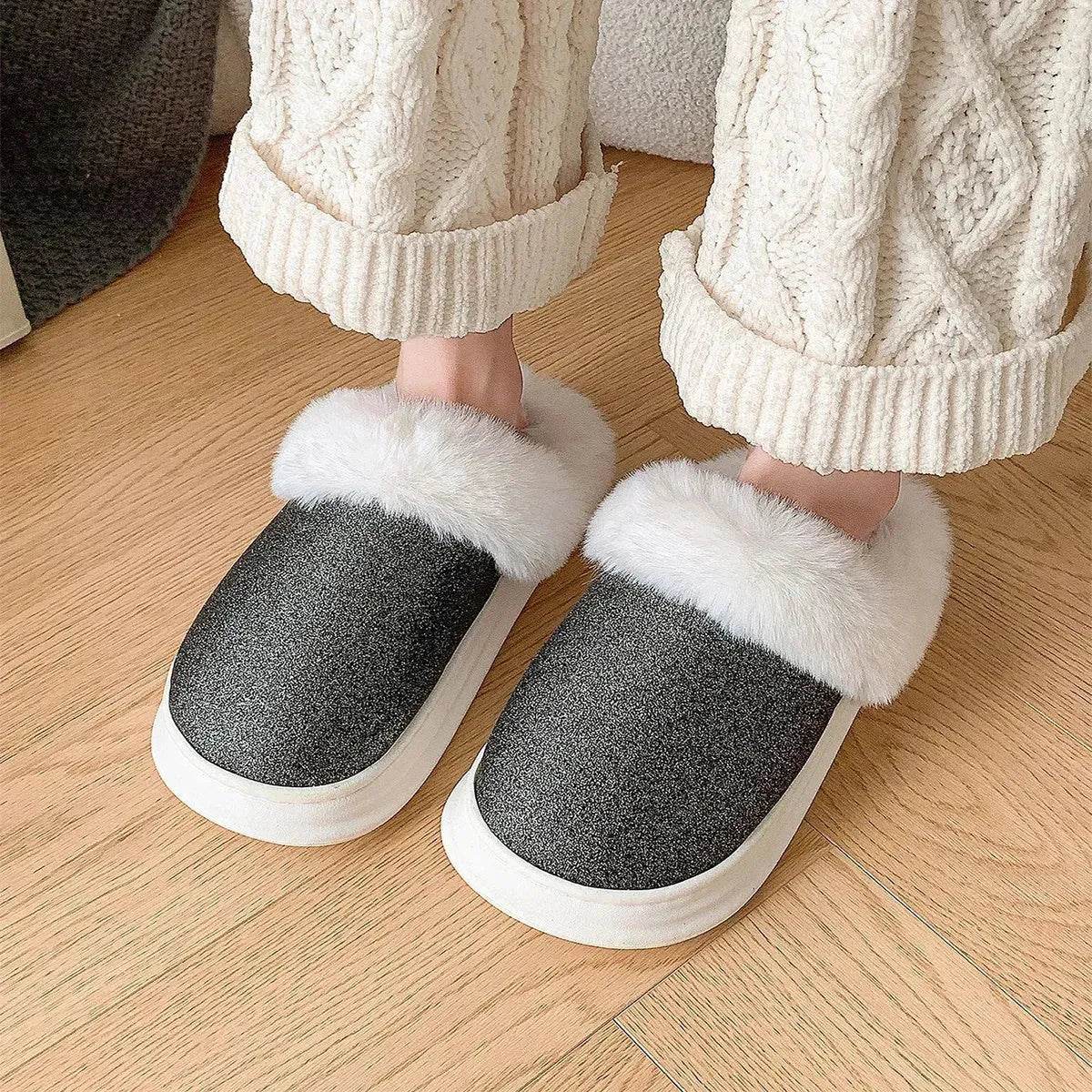 Fashion Frosted Sequined Plush Slippers Winter Warm Home Indoor Non-slip Bedroom Floor Fuzzy Slipper For Couple Women House Shoes