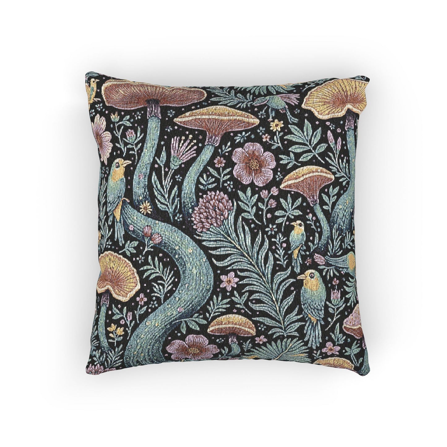 Mushroom and Fern Tapestry Pillow | Woven Decorative Throw Pillow