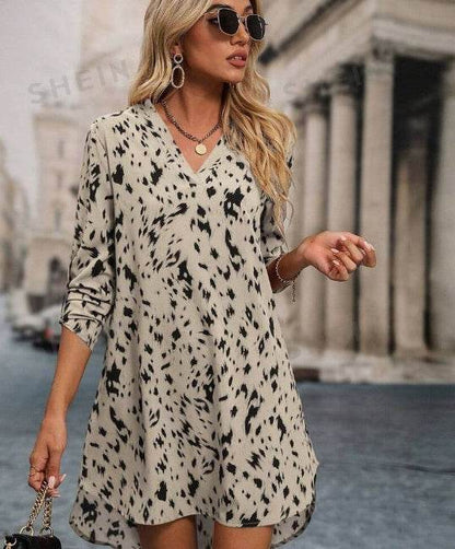 Allover Print Roll Up Sleeve Dress Ladies Casual High Low Long Sleeve V Neck Regular Fit Short Apricot Roll Up Sleeve All Over Print Tunic Women Short Dresses