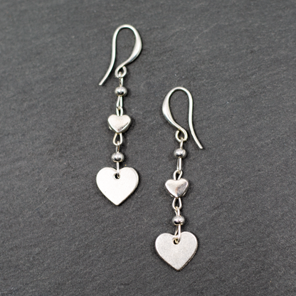 Silver Plate Double Drop Heart Charm Earrings