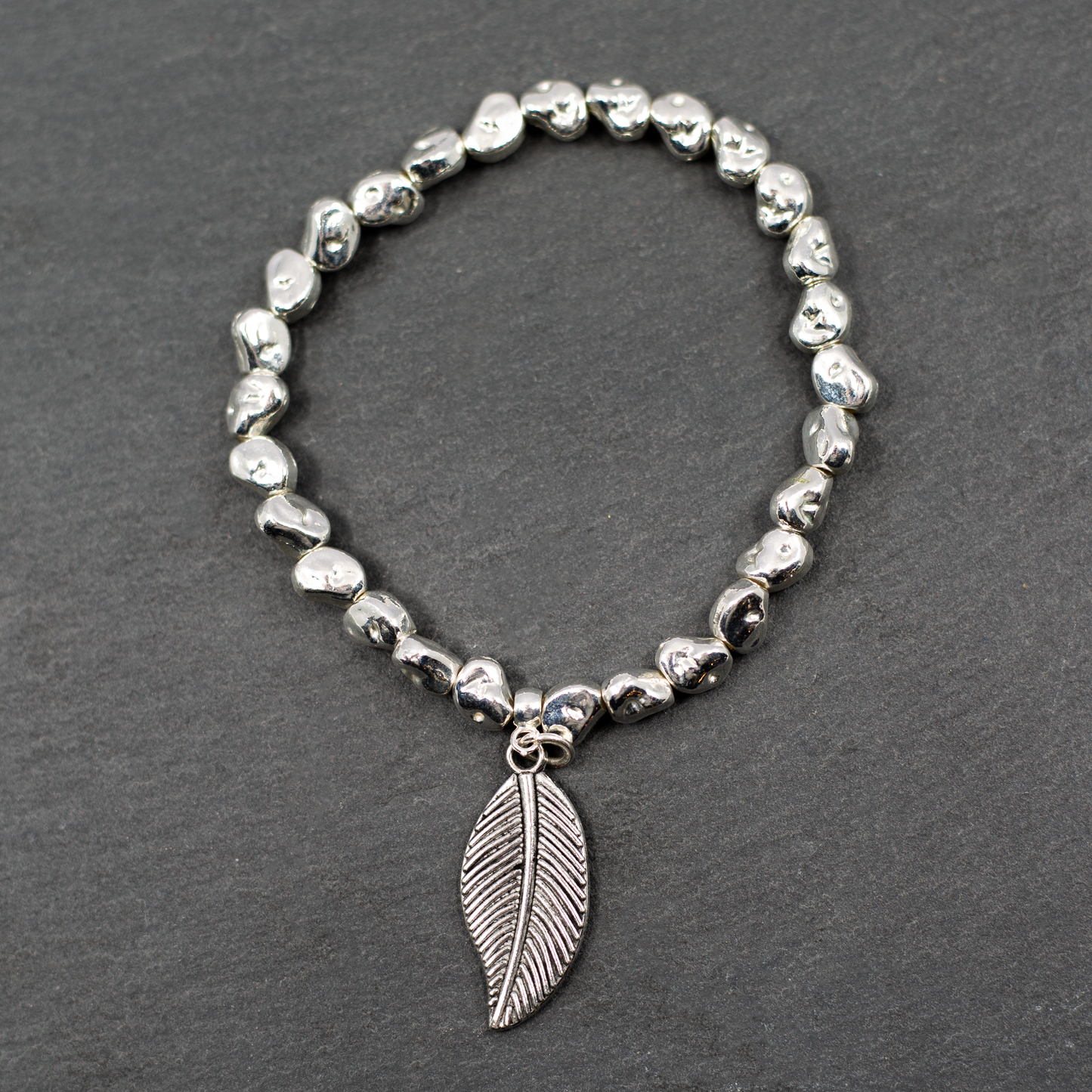 Leaf Charm Nugget Bracelet in Silver Plate