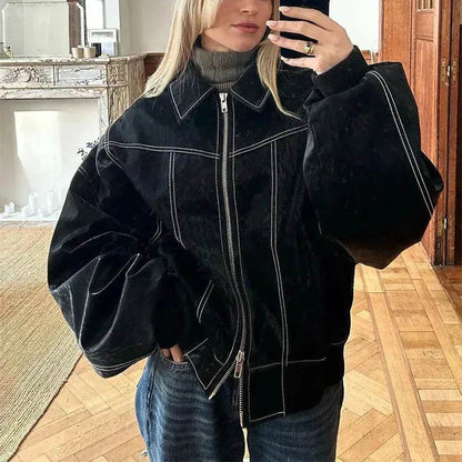 Oversized Fashion Zip-up Lapel Leather Jacket for women