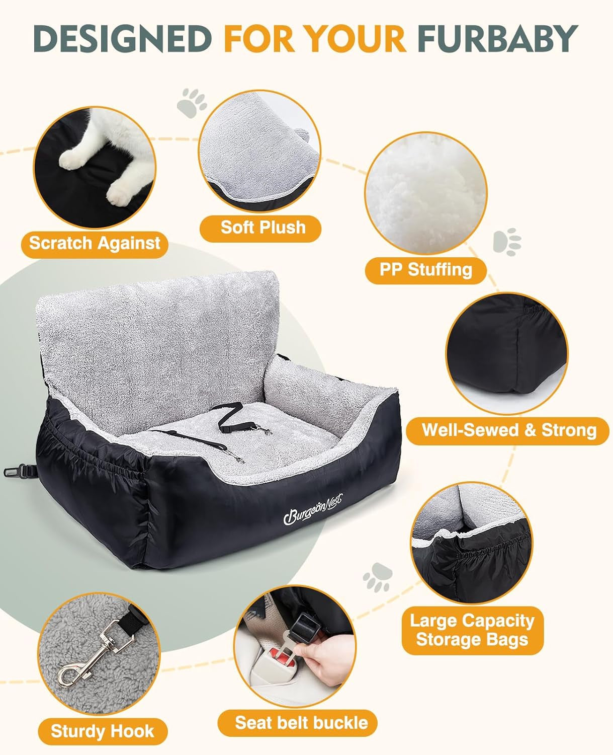 Dog Car Seat for Medium/Large Dogs under 55 Lbs, Soft Pet Car Travel Home Bed, Fully Detachable and Washable Booster Carseats with Storage Pockets and Clip-On Leash Portable Carrier,Black