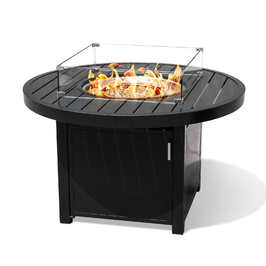 Table Foyer au Propane : Plateau à Lattes en Aluminium 50 000 BTU avec Couvercle, Brûleur en Acier Inoxydable, Pare-Vent, Billes de Verre 8 kg, Housse en PVC 300D, Homologué CSA