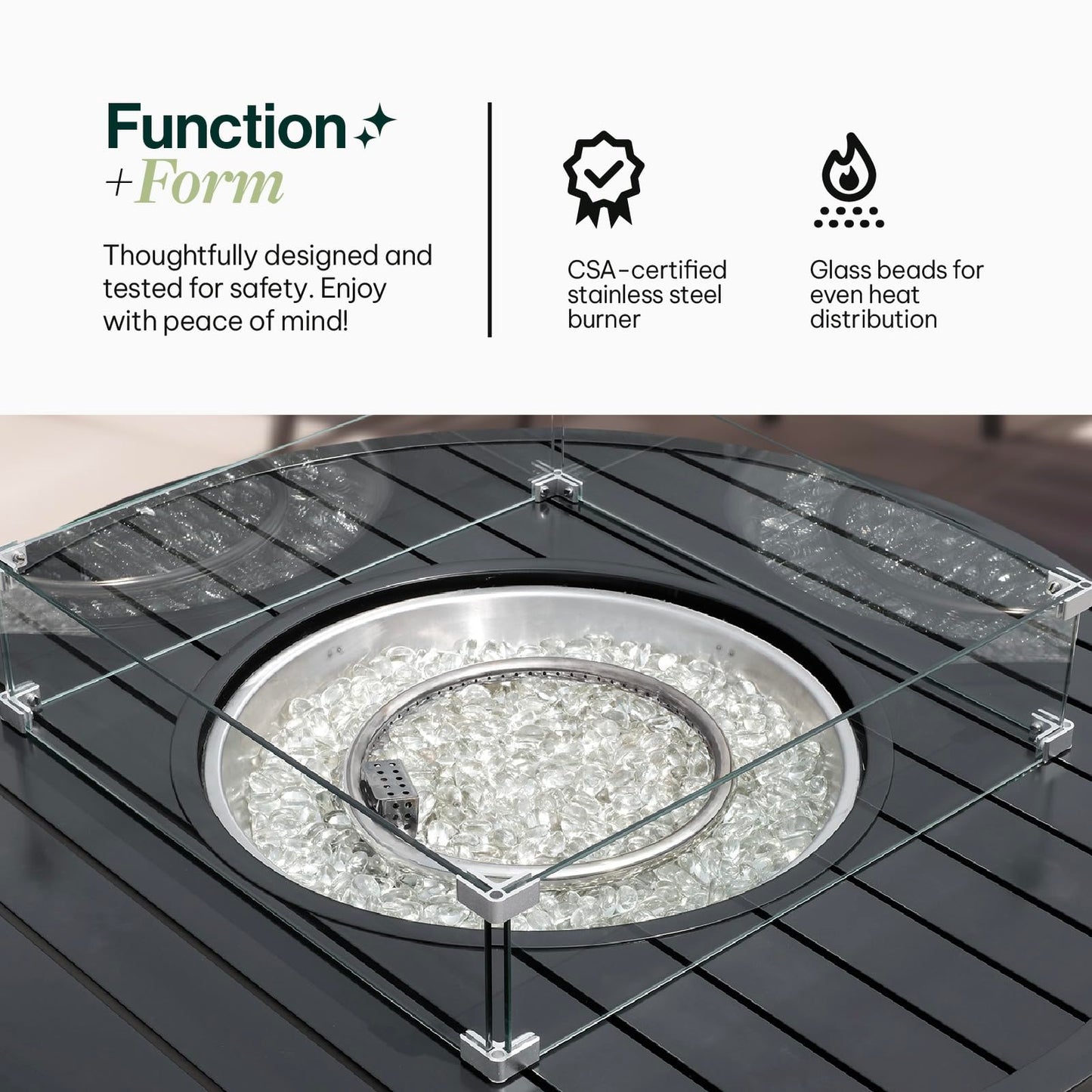 Propane FirePit Table: 50,000 BTU Aluminum Slat Top with Lid, Stainless Steel Burner, Windguard, 8KG Glass Beads, 300D PVC Cover, CSA-Listed