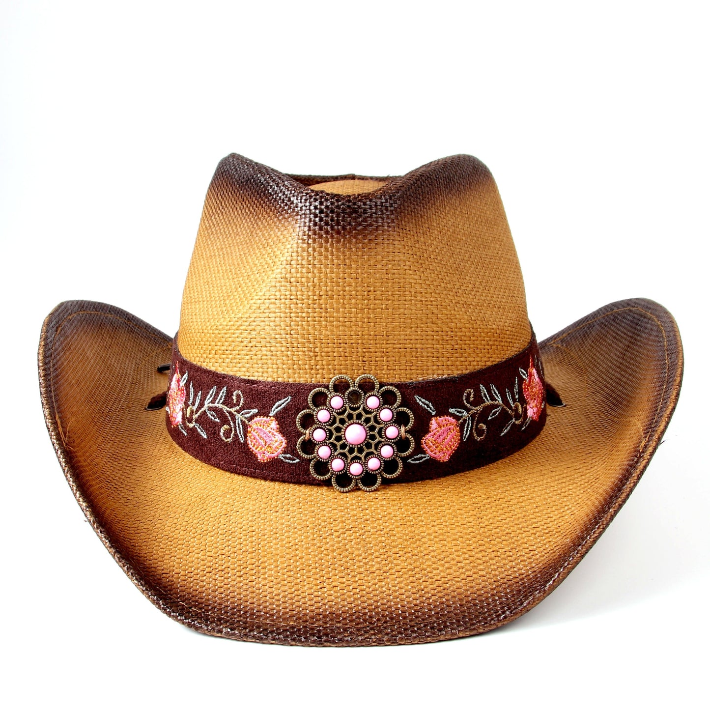 [Elegant Western Cowboy Hat] Natural Straw Western Cowboy Hat - Elegant Women's with Floral Embroidery, Sun Protection, Adjustable Drawstring, Perfect for Summer Outdoor Adventures