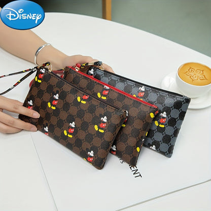Disney Mickey Mouse Print Clutch Bag, Cartoon Genuine Leather Mobile Phone Bag, Cute Anime Wrist Wallet Coin Purse