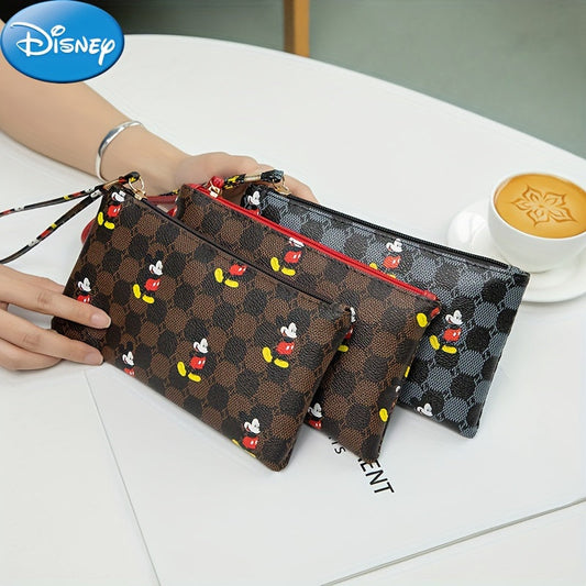 Disney Mickey Mouse Print Clutch Bag, Cartoon Genuine Leather Mobile Phone Bag, Cute Anime Wrist Wallet Coin Purse