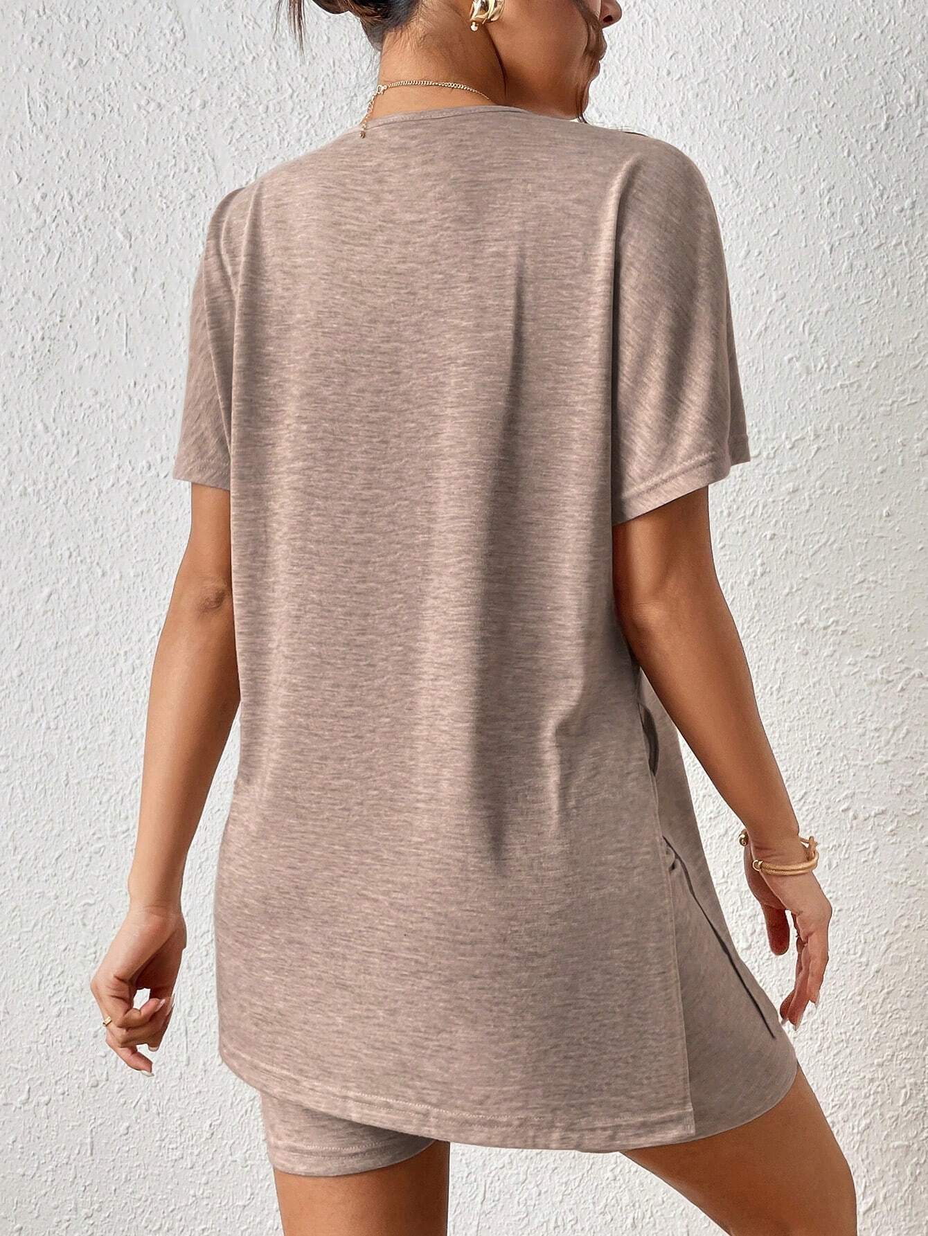 Women's Casual Solid Color Batwing Sleeve Tunic Top & Shorts Two-Piece Set