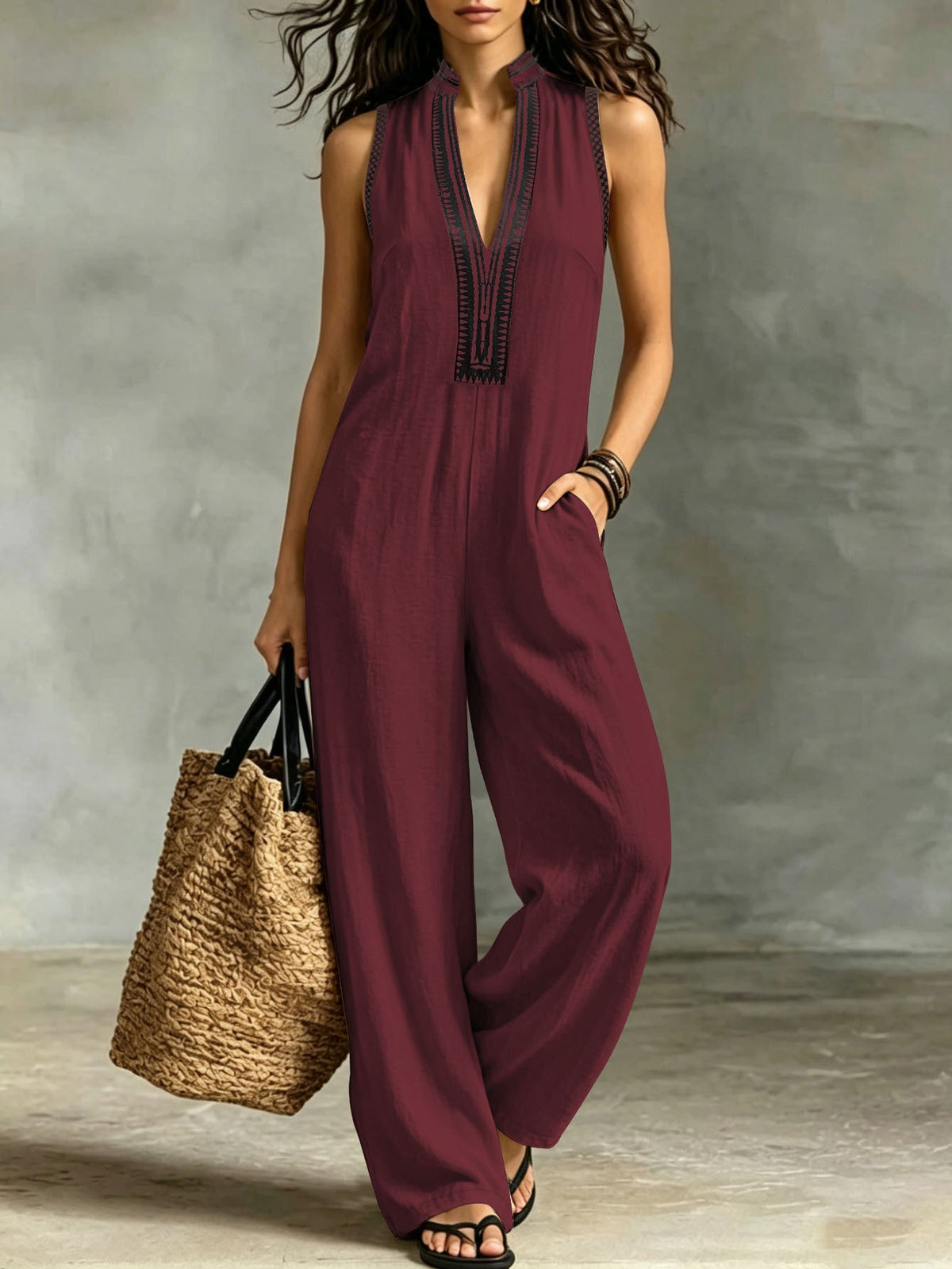 Women’s Sleeveless Stand Collar Jumpsuit – V-Neck Lace Trim Wide-Leg Pants with Pockets
