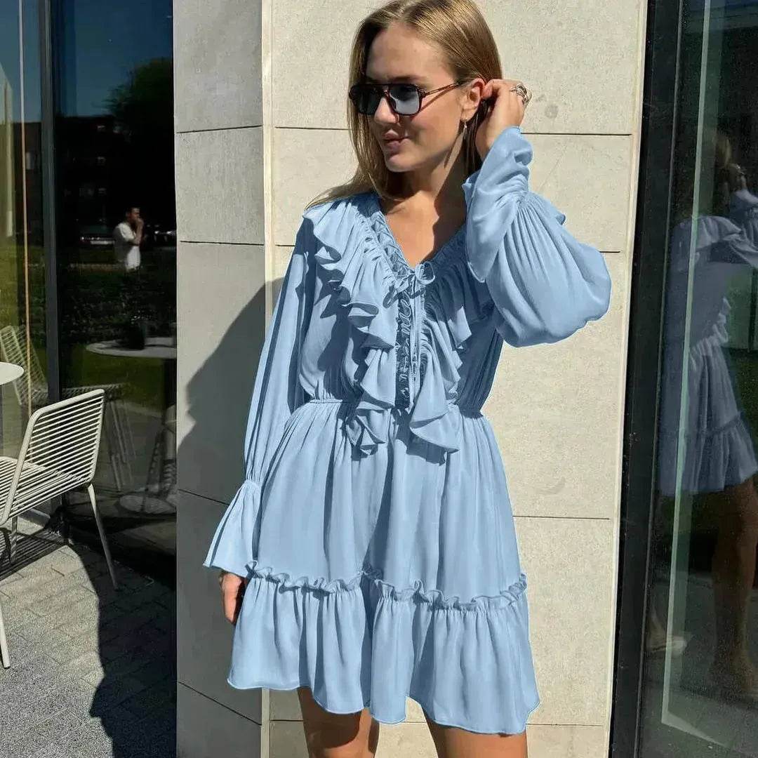 Robe plissée à volants et manches longues col en V style décontracté Y2K Robe patineuse courte col en V manches évasées Vêtements femme