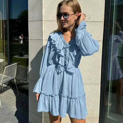 Robe plissée à volants et manches longues col en V style décontracté Y2K Robe patineuse courte col en V manches évasées Vêtements femme