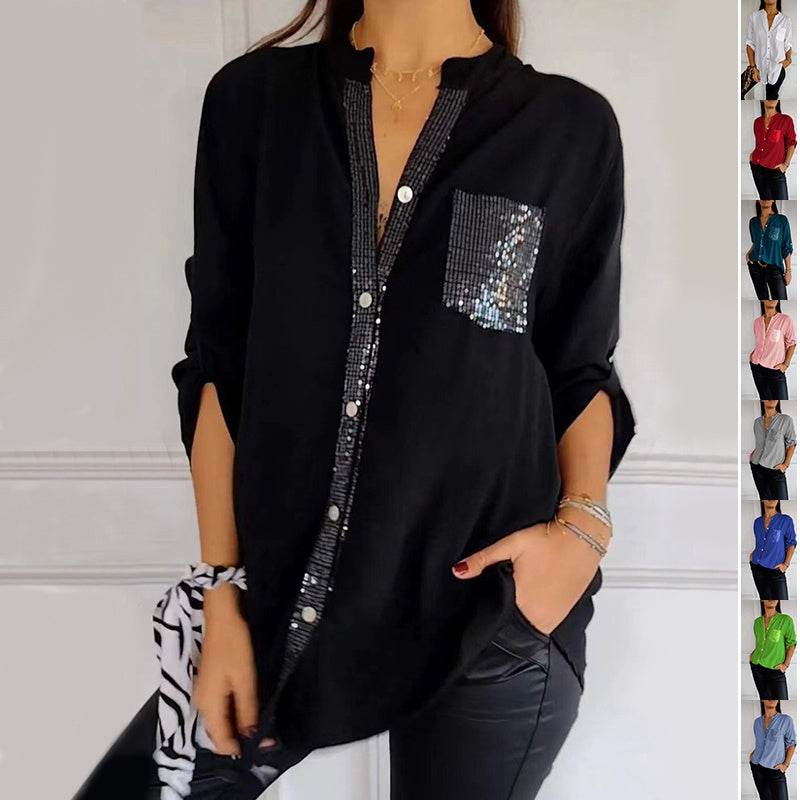 Chemisier décontracté à manches longues avec poche à sequins, haut tendance pour femmes