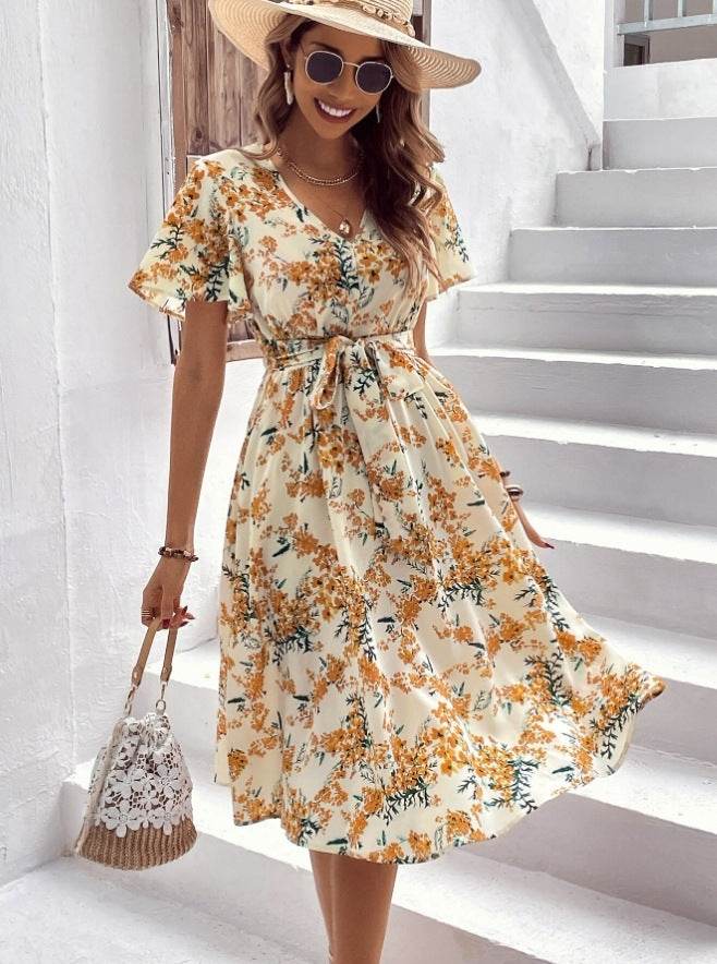 Robe mi-longue d'été décontractée bohème à manches courtes et col en V, avec ceinture à nouer et imprimé floral pour femme
