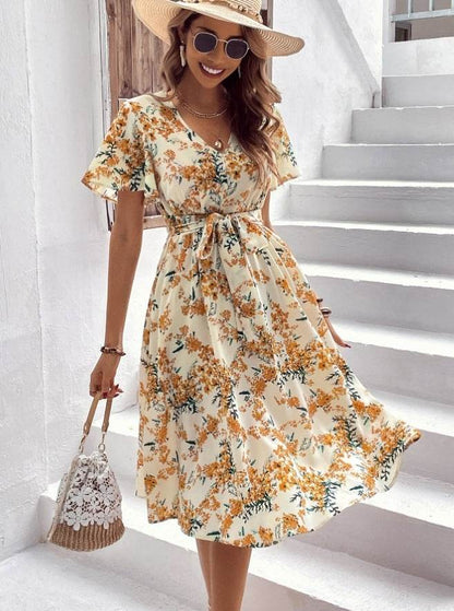 Robe mi-longue d'été décontractée bohème à manches courtes et col en V, avec ceinture à nouer et imprimé floral pour femme