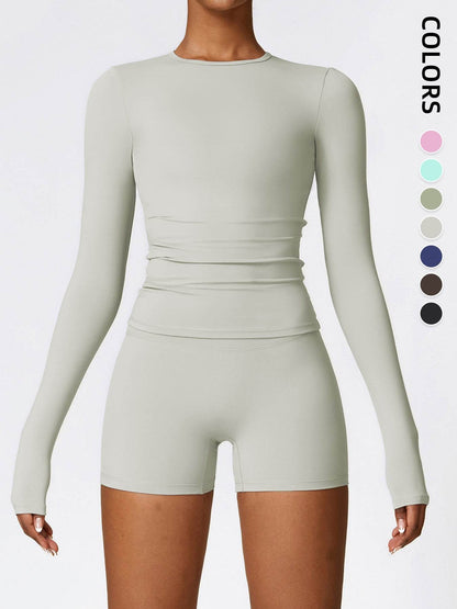 Women's Four Seasons Sports Suit, Women's Long Sleeve Round Neck Sports T-shirt And High Waist Tight Shorts Yoga Suit.