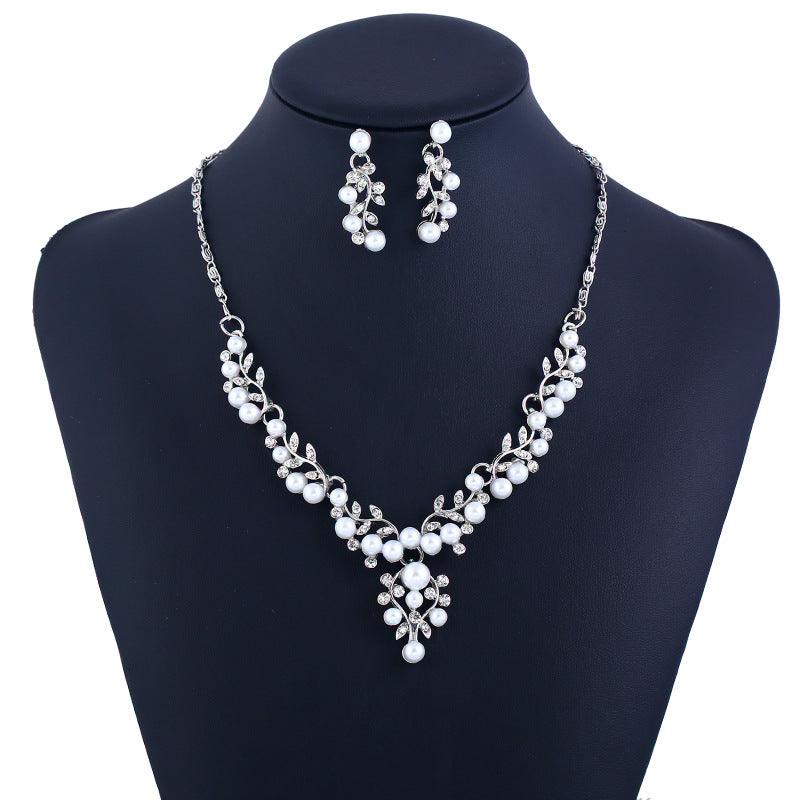 sweet temperament pearl diamond earrings necklace bride set