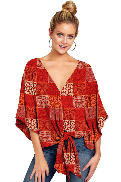 Nouvelle Blouse Col V Femme Imprimé Léopard Floral Noué Devant Chauve-souris Été Surtailles Blouses Dames