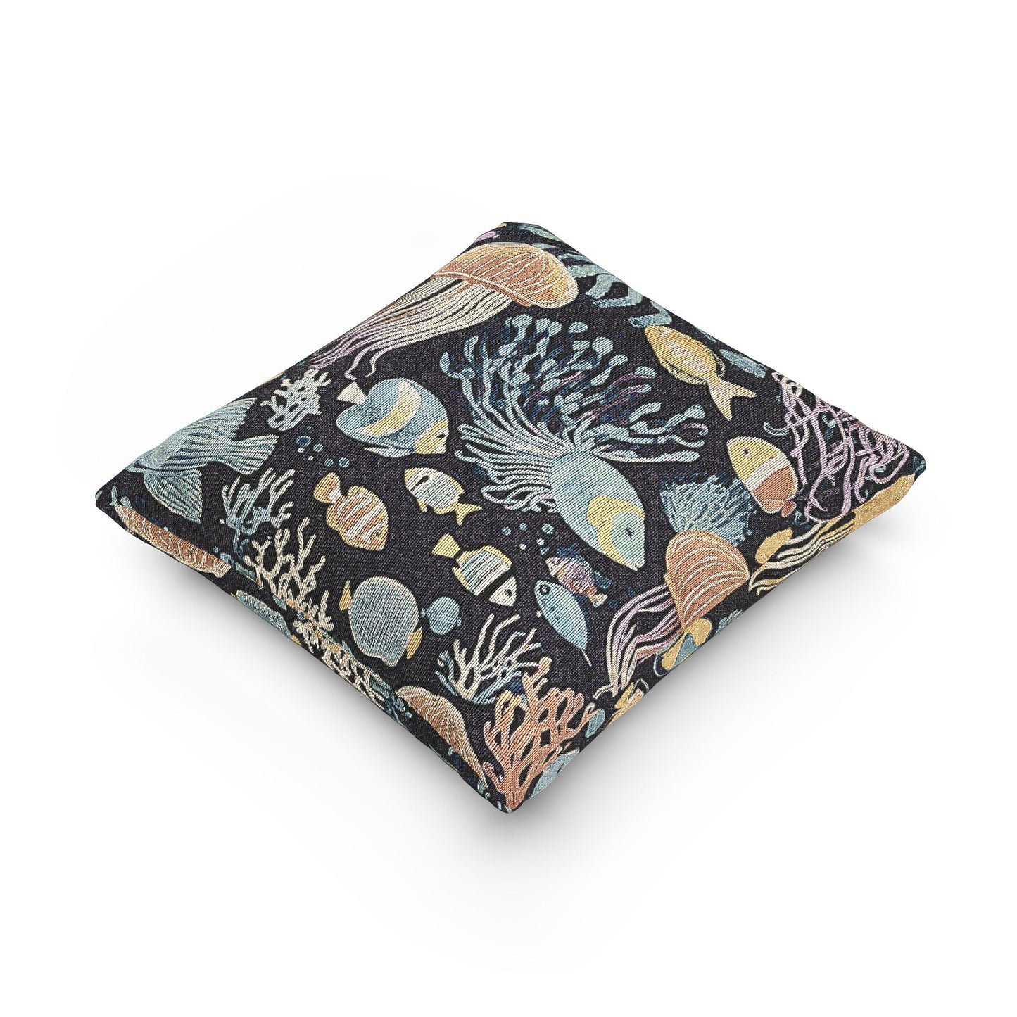 Underwater Jellyfish and Fish Woven Pillow | Ocean Reef Tapestry Cushion