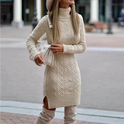 Robe pull col roulé tricoté épais coupe ajustée torsadée automne hiver