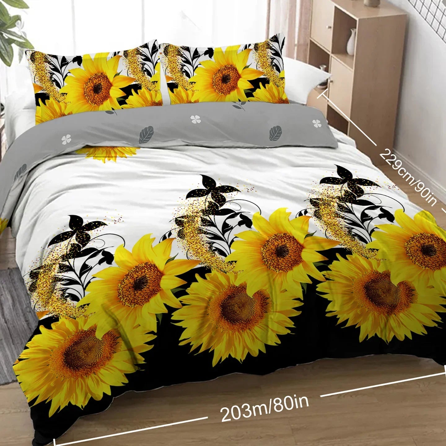 Parure de lit 3 pièces imprimé tournesol noir et blanc Housse de couette et taies d'oreiller Fleur jaune Parure de lit en polyester pour adultes Décoration de chambre à coucher Taille Twin Full Queen King