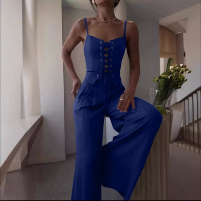 Women’s Sexy Hollow-Out Strap Top & Wide-Leg Pants Set – Casual Summer 2-Piece Outfit