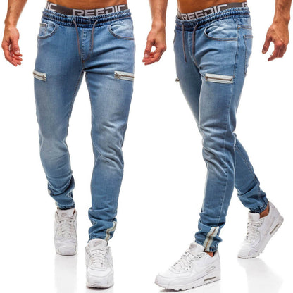 Pantalon jean homme décontracté en denim européen et américain avec fermeture éclair dépolie
