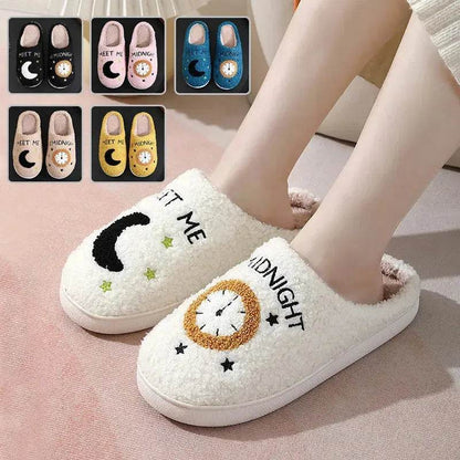 Chaussons d'intérieur imprimés lune et horloge, pantoufles chaudes d'hiver pour chambre à coucher pour femmes