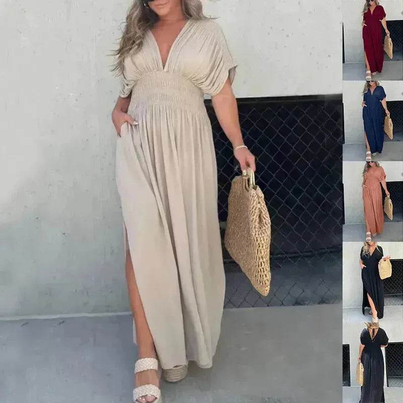 Robe longue fendue d'été à manches chauve-souris, col en V, taille élastique et manches courtes pour femme