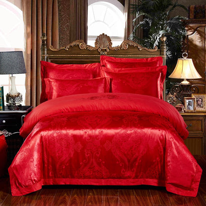 4-Piece Cotton Jacquard Bedding Set – Embroidered Floral Wedding Duvet Cover & Sheet Set