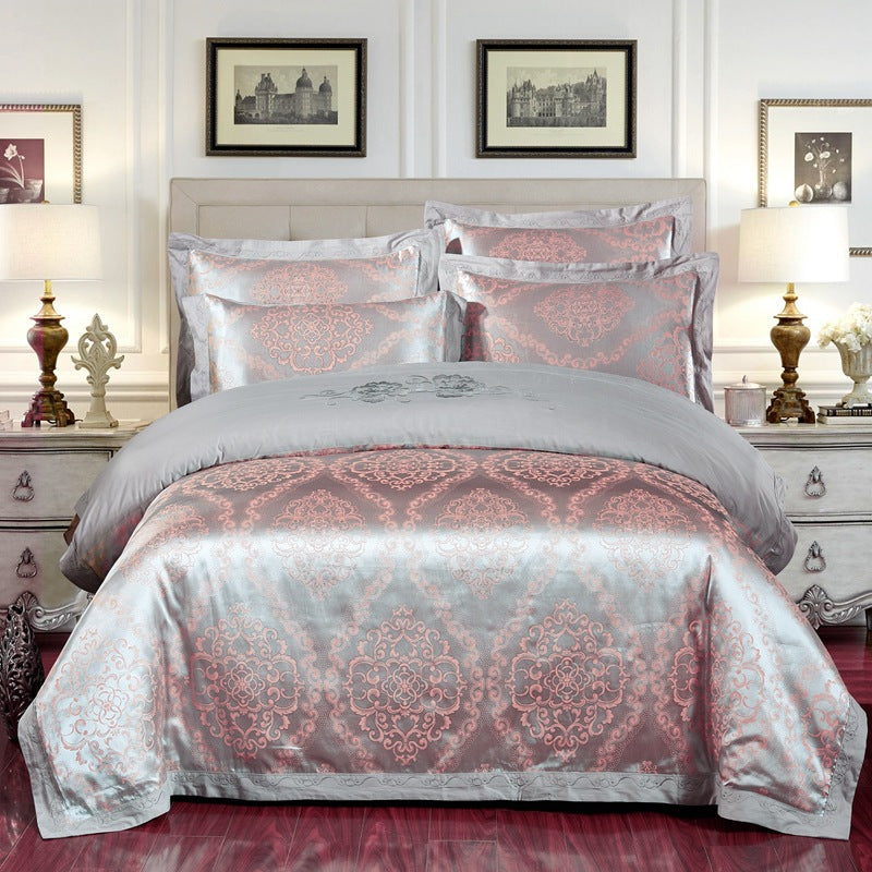 4-Piece Cotton Jacquard Bedding Set – Embroidered Floral Wedding Duvet Cover & Sheet Set