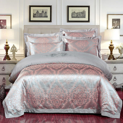 4-Piece Cotton Jacquard Bedding Set – Embroidered Floral Wedding Duvet Cover & Sheet Set