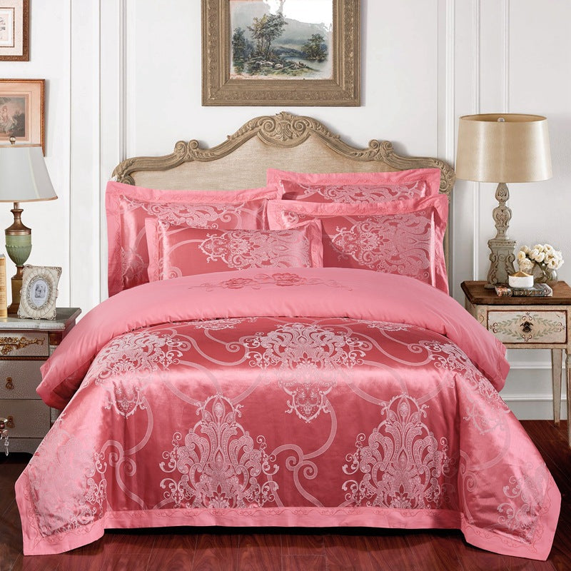 4-Piece Cotton Jacquard Bedding Set – Embroidered Floral Wedding Duvet Cover & Sheet Set