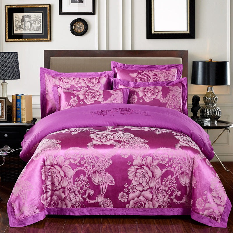 4-Piece Cotton Jacquard Bedding Set – Embroidered Floral Wedding Duvet Cover & Sheet Set