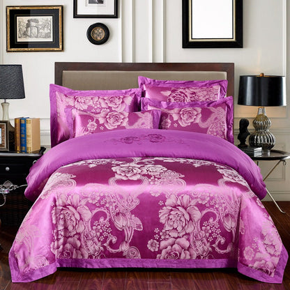 4-Piece Cotton Jacquard Bedding Set – Embroidered Floral Wedding Duvet Cover & Sheet Set