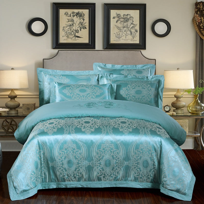 4-Piece Cotton Jacquard Bedding Set – Embroidered Floral Wedding Duvet Cover & Sheet Set