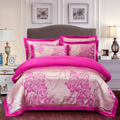 4-Piece Cotton Jacquard Bedding Set – Embroidered Floral Wedding Duvet Cover & Sheet Set