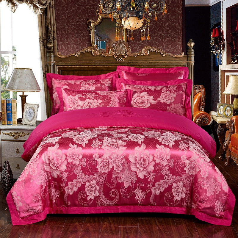 4-Piece Cotton Jacquard Bedding Set – Embroidered Floral Wedding Duvet Cover & Sheet Set