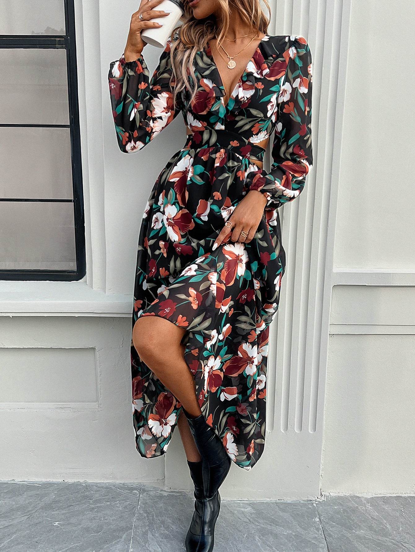 Robe longue imprimée florale à manches longues, décontractée pour les vacances, coupe ajustée, col en V, vêtements pour femmes