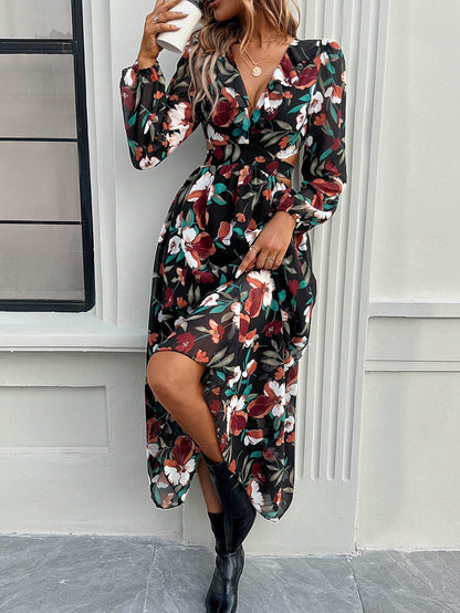 Robe longue imprimée florale à manches longues, décontractée pour les vacances, coupe ajustée, col en V, vêtements pour femmes