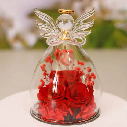 Boîte cadeau Fleur Éternelle Ange Sous Cloche Verre Rose Séchée Boîte Cadeau Pour Noël Nouvel An Saint Valentin Décoration Maison