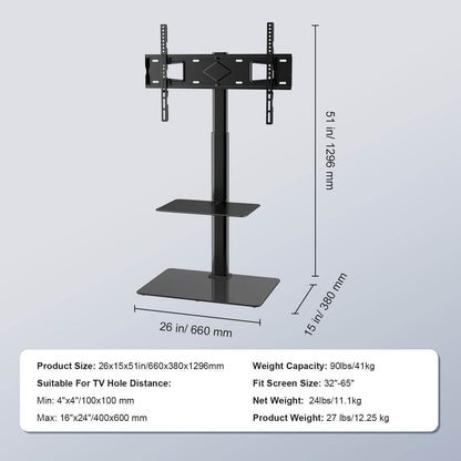 TV Stand Mount, Swivel Tall TV Stand For 32 To 65 Inch TVs, Height Adjustable Portable Floor TV Stand With Tempered Glass Base For Bedroom, Living Room