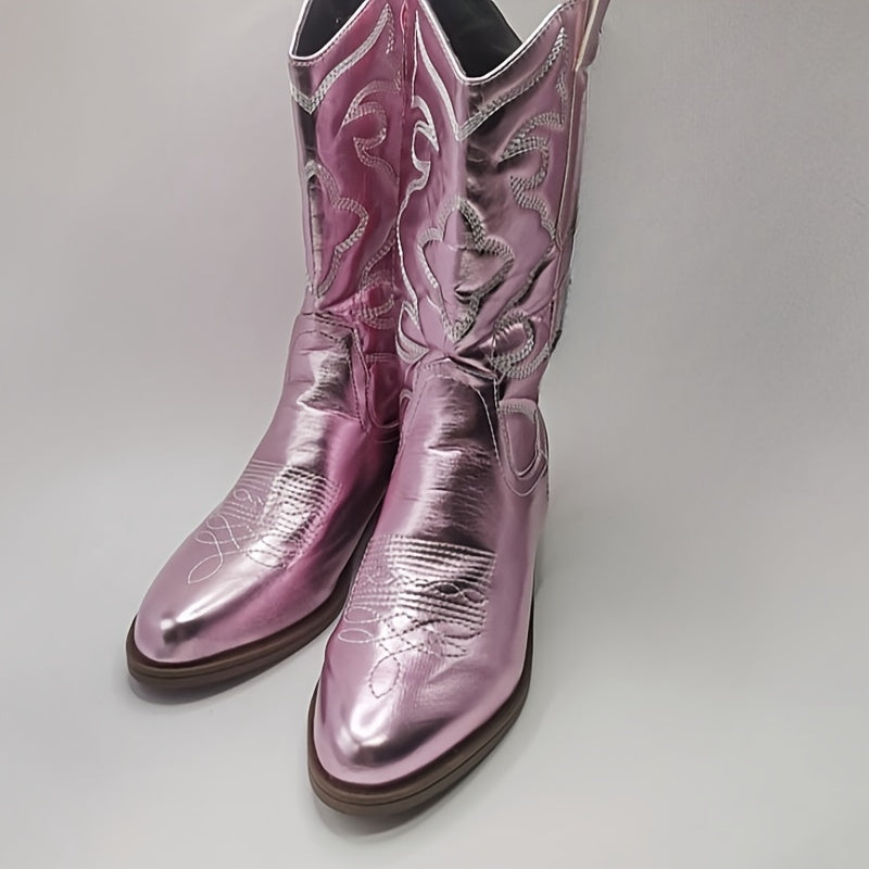 Bottes de cowboy mi-mollet rétro à talon bas et broderies pour femme, bout pointu et découpe en V